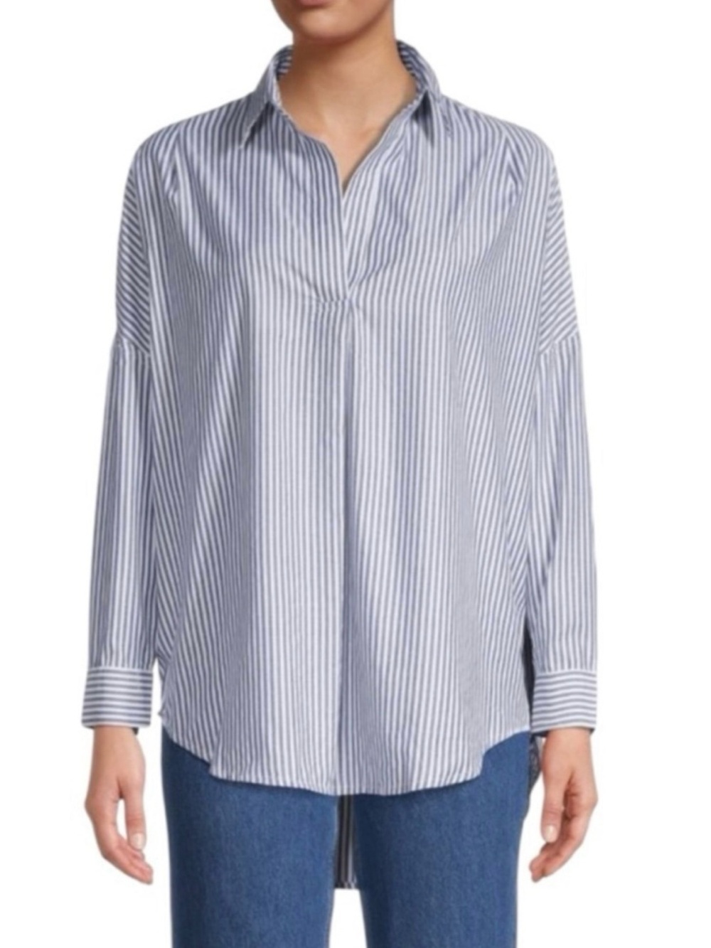 French Connection Rhodes High-Low Oversized Blue Striped Cotton Tunic Shirt M